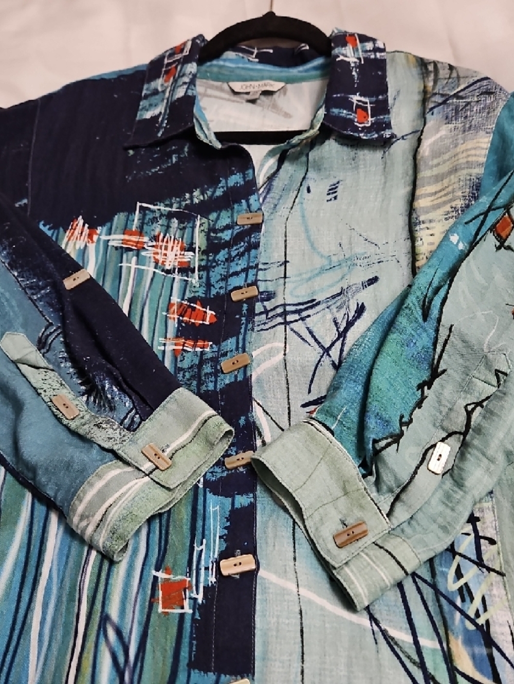 John Mark 2X Abstract Blue Button-Up Art Print Shirt Tunic Artsy - Picture 10 of 16